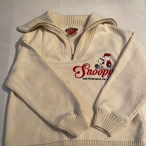 Zara Peanuts Sweater Womens M Ivory 1/2 Zip Snoopy Embroidered Knit High Neck‎